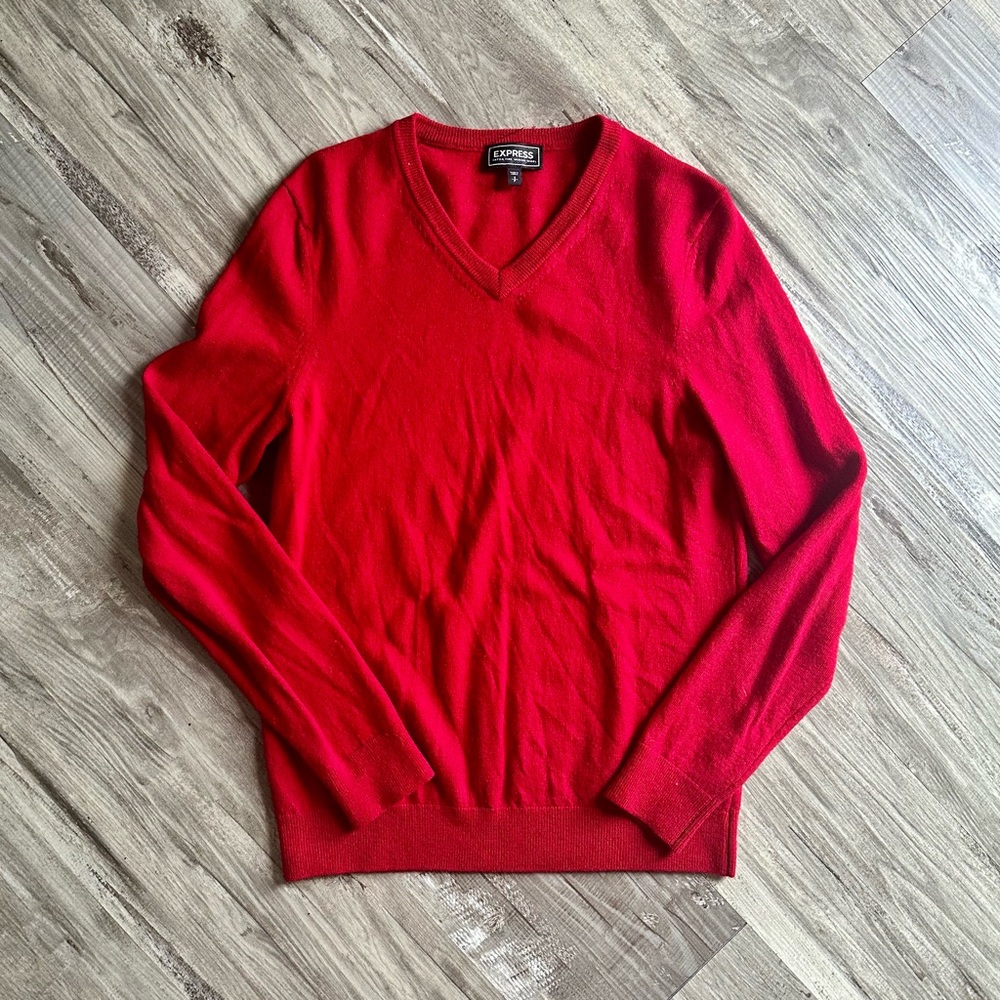 Express Extra Fine Merino Wool Red V-Neck Sweater